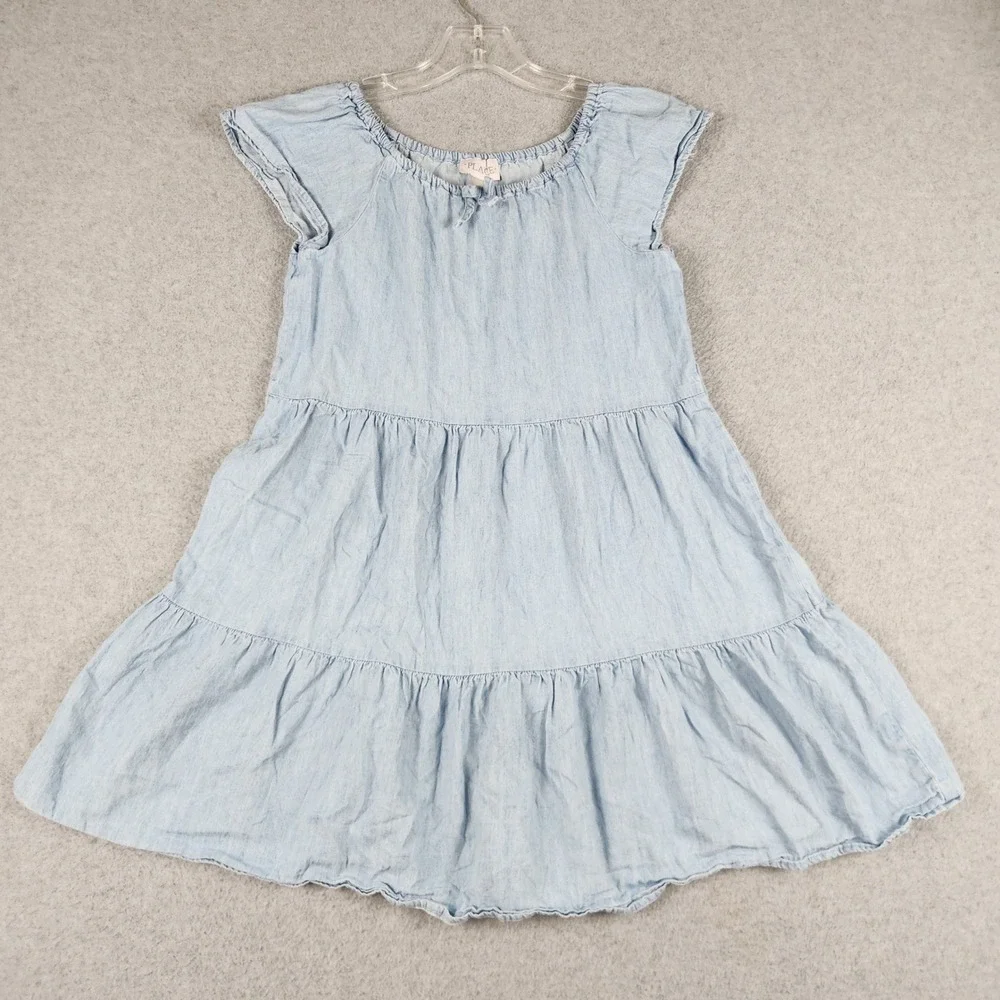 Place Babydoll Dress Girls 10/12 Blue Denim Cotton Look Tiered Cotton Sleeveless